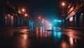 night traffic in the city A wet asphalt, reflection of neon lights, a searchlight, smoke. Abstract light in a dark empty street Royalty Free Stock Photo