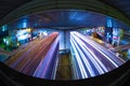 A night traffic jam under the highway in Tokyo fish eye shot