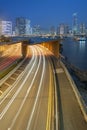 Highway, tunnel and skyline of Hong Kong city Royalty Free Stock Photo