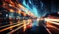 Night traffic speed, car blur motion, cityscape transportation, city life architecture generated by AI Royalty Free Stock Photo