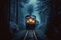 Night train illuminates forest landscape with its headlights, illustration