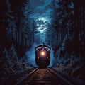 Night train illuminates forest landscape with its headlights, illustration