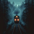 Night train illuminates forest landscape with its headlights, illustration