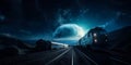 Night train traveling. Railway transport motion. generative ai