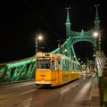 Liberty Bridge with moving tram at night in Budapest