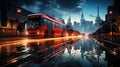 Night tram photo. Lights and illumination reflection during the heavy rain