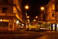 Night tram in Zagreb, Crioatia in motion blur in downtown.