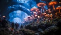 Night travel, crowded tourist crowd, illuminated famous place, underwater adventure generated by AI