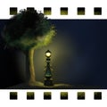Street light and tree in white background, film negative design, night view in nature Royalty Free Stock Photo
