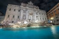 Night at Trevi Fountain, a famous fountain in the Trevi district in Rome, Italy. It`s the largest Baroque fountain in Rome and on Royalty Free Stock Photo