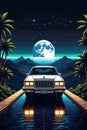 A night trip wit pixel art, tree, road, car, night scene, moon, mountain, nature view, t-shirt design