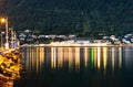 Night Tromso city pier with lamp reflections background Royalty Free Stock Photo