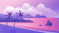 Night tropical coast landscape vector illustration, cartoon flat tropics purple romantic panoramic scenery with evening Royalty Free Stock Photo