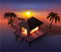 Night tropical island. Palm trees and shack on beach