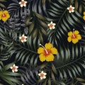 Night tropical seamless pattern leaves and flowers hibiscus plum