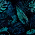 Night tropical leaves seamless pattern on black background. Vintage jungle foliage in engraving style