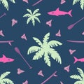 Night tropical surfing seamless pattern