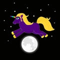 Night unicorn with multicolored horn jumping over moon. Cute fan Royalty Free Stock Photo