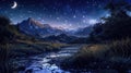 Night unveils a countryside, where a mountain river glows beneath a starry sky, Ai Generated