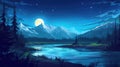 Night unveils a countryside, where a mountain river glows beneath a starry sky, Ai Generated