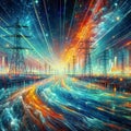 Electricity pylons and high-voltage lines at night, generative ai