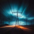 High voltage power lines and high voltage pylons at night., generative ai