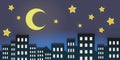 Night urban city landscape with stars and the moon in the sky 3D illustration panorama Royalty Free Stock Photo