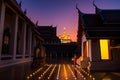 Night Urban City Skyline of Landmark Bangkok. Wat Saket. Night scene of Phu Khao Thong Golden Mountain and monk Royalty Free Stock Photo