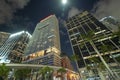 Night urban landscape of downtown district of Miami Brickell in Florida USA. Illuminated high skyscraper buildings and