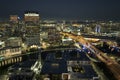 Night urban landscape of downtown district of Tampa city in Florida, USA. Skyline with moving traffic and brightly Royalty Free Stock Photo