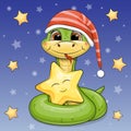 Cute cartoon green snake in red nightcap holds a yellow star.