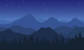 Night vector landscape with blue misty forested mountains and stars on dark sky. Royalty Free Stock Photo