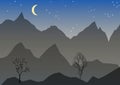 Night vector landscape with mountain, mond, stars and trees. High mountain peaks on a night sky background