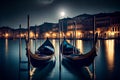 Night in Venice with gondolas