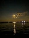 Night vie of moonlight reflecting off river.