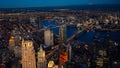 Night view from above over New York. Amazing sun light over Manhattan and Hudson river Royalty Free Stock Photo