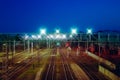 Night view from above on the railway. Commodity trains, freight wagons and cisterns Royalty Free Stock Photo