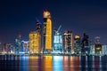 Night view of Abu Dhabi financial district skyline. Luxury lifestyle hotels and business of United Arab Emirates.