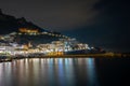 Night view of Amalfi cityscape on coast of mediterranean sea, Italy