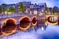 Night View of Amsterdam Cityscape with One of Its Canals Royalty Free Stock Photo