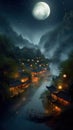 Night view of ancient Chinese village and river at night with full moon Royalty Free Stock Photo