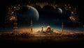 night view of arabic city with mosque and moon in the sky, ramadan banner Royalty Free Stock Photo