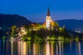 Night view of the Assumption of Maria church at lake Bled in Slo Royalty Free Stock Photo