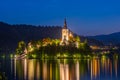 Night view of the Assumption of Maria church at lake Bled in Slo Royalty Free Stock Photo