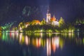 Night view of the Assumption of Maria church at lake Bled in Slo Royalty Free Stock Photo