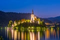 Night view of the Assumption of Maria church at lake Bled in Slo Royalty Free Stock Photo