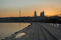 Night view of Baku and the seaside of the Caspian sea. Sunset in Baku. Colorful sunset on the Baku boulevard . The seaside of the Royalty Free Stock Photo