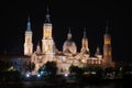 Night View Of The Basilica Of The Virgen Del Pilar And Ebro River, Zaragoza, Aragon, Spain. Royalty Free Stock Photo