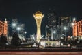 Night view of the Bayterek Tower, a landmark observation tower designed by architect Norman Foster in Astana, the