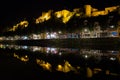 Night view Belgian medieval city Bouillon with castle along river Semois